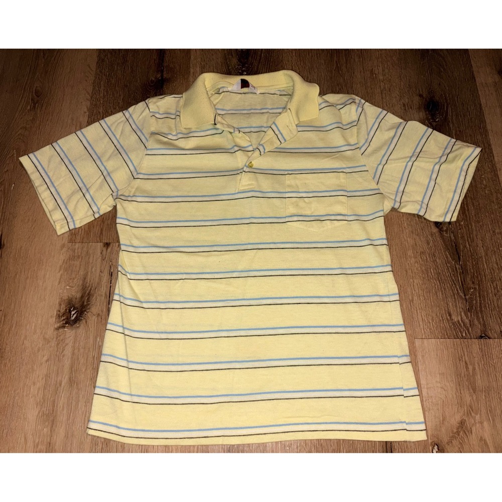 Vintage Action Mens Striped Polo Shirt Yellow Blue Stripe Short Sleeve Medium
